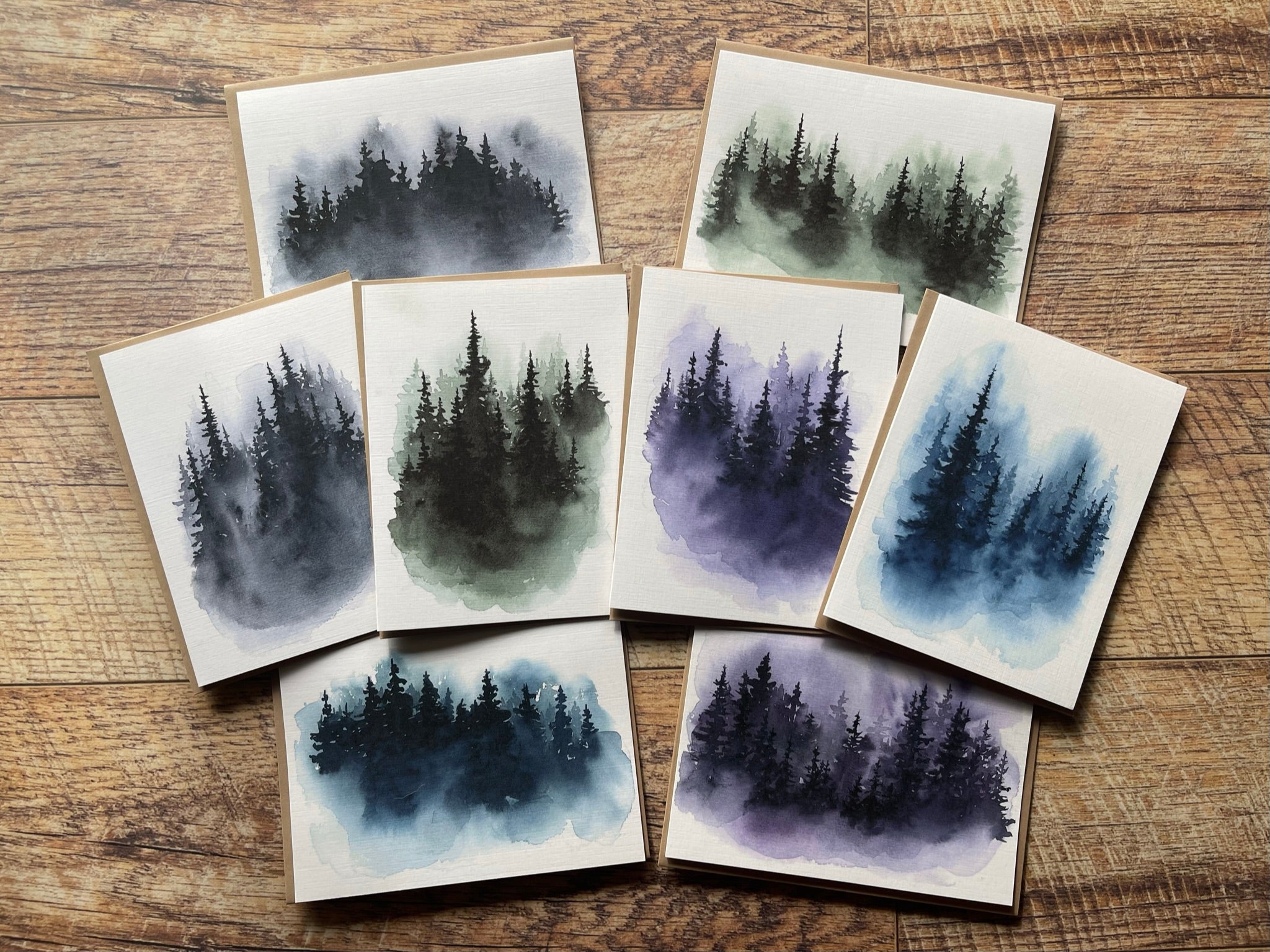 Misty Evergreen Tree Set of 8 Note Cards