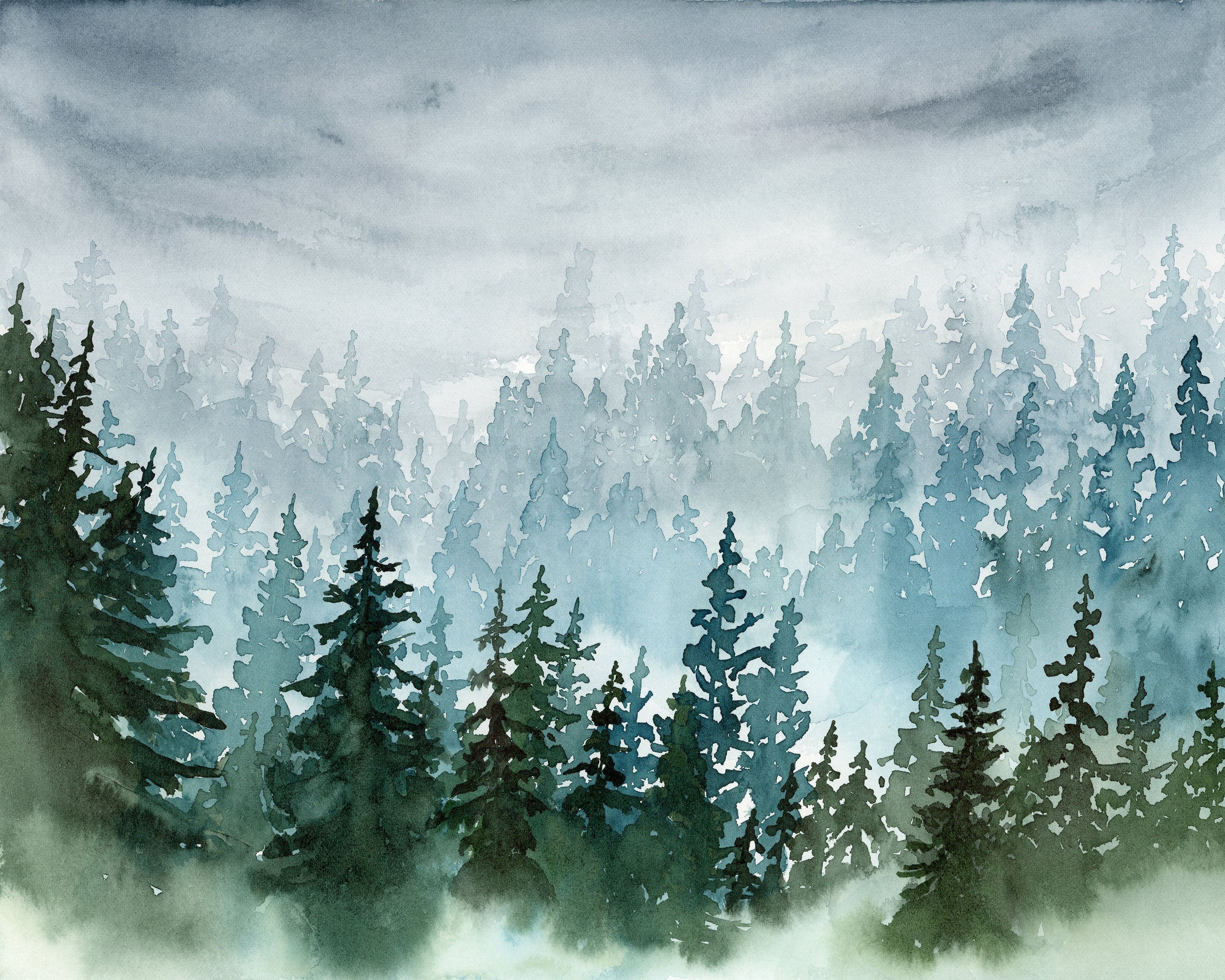 Set of Two Deep buying Green Misty Forest Mountain Watercolour Art Prints. 2 Piece Panoramic Foggy Woodland Pine Trees Extra Large Landscape Art.